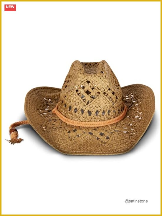 Woven Straw Cowboy Hat with Rope Detail, Wide Brim Sun Protection, Adjustable
